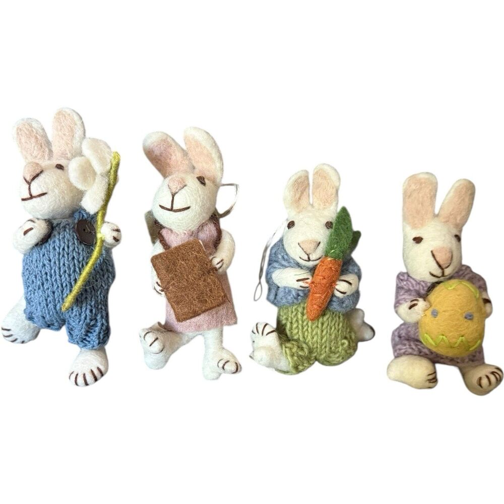 4 Gry & Sif Denmark Felted Wool White Bunny Rabbits Handmade Ornaments Rare HTF - Picture 2 of 16
